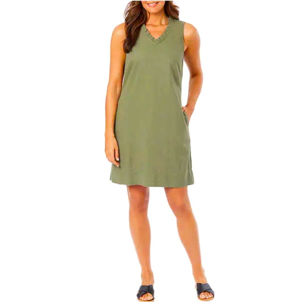 Briggs Ladies Women Ruffle V-Neck Linen Blend Dress, Green ( Olive )